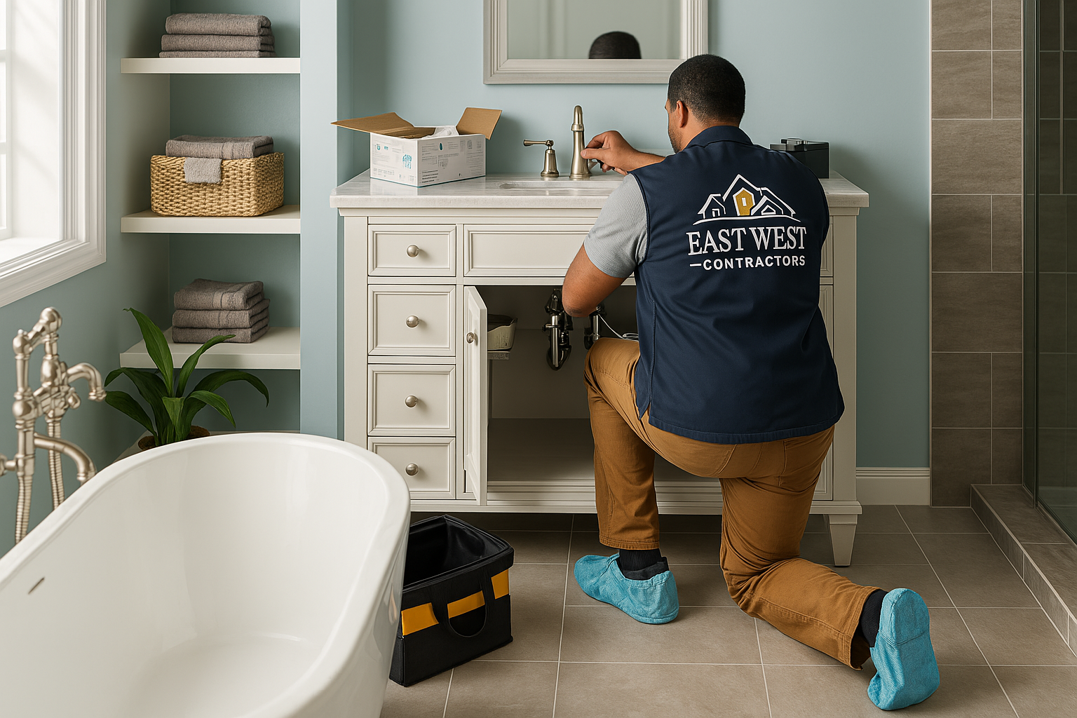 East West Contractors technician installing bathroom vanity faucet during remodel project.