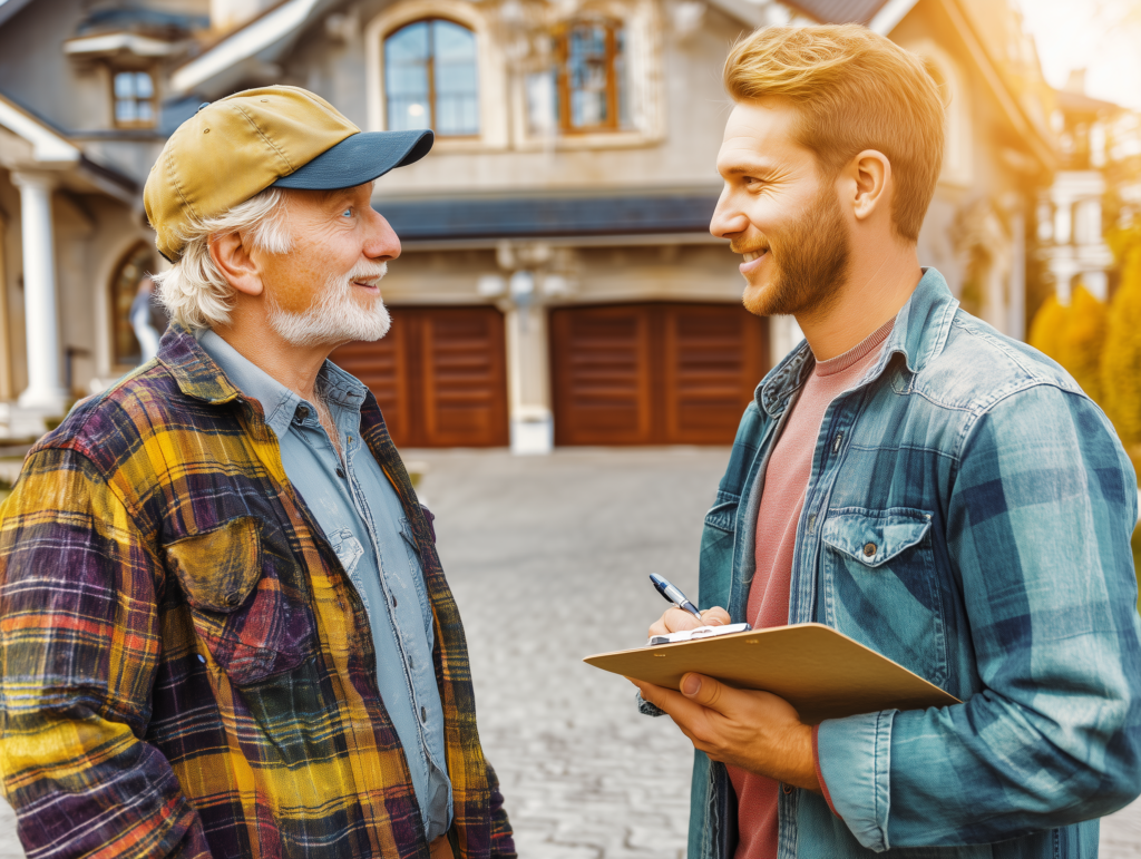 Contractor and homeowner discussing project details outside a modern home
