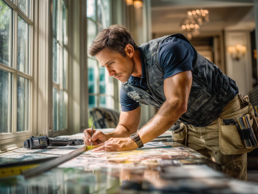 Professional contractor installing detailed wood trim in a modern home interior