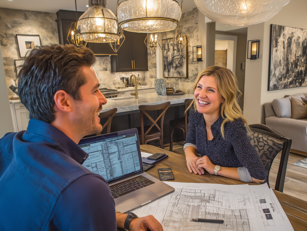 Contractor and client reviewing project schedule on a laptop in a modern home office, with blueprints and warm lighting.