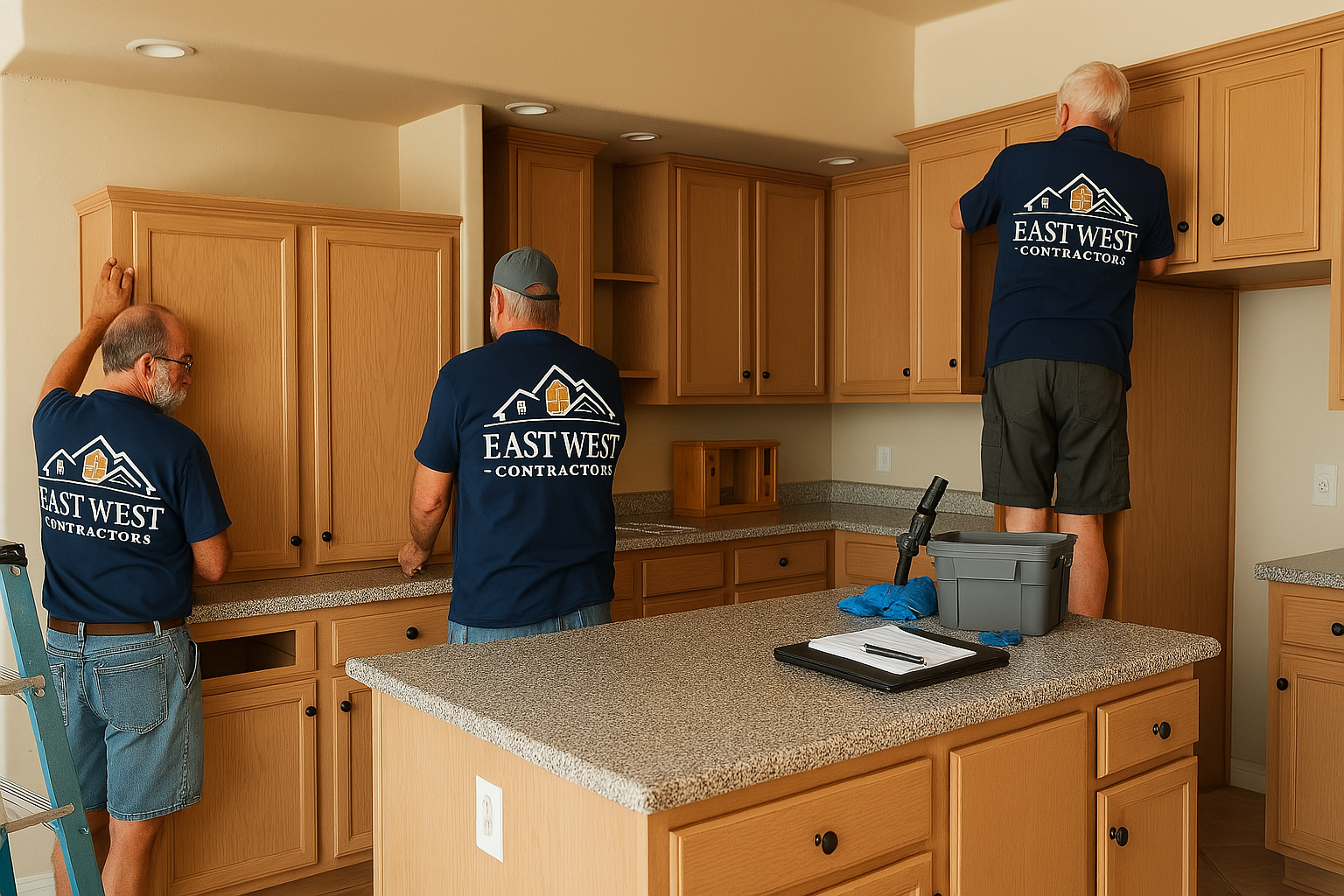 East West Contractors team remodeling a modern kitchen with new cabinetry installation.